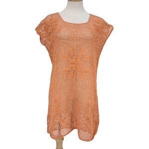 Hand Crocheted Peach Mesh Stitch with Floral Accents Square Cut Cover-Up, OS